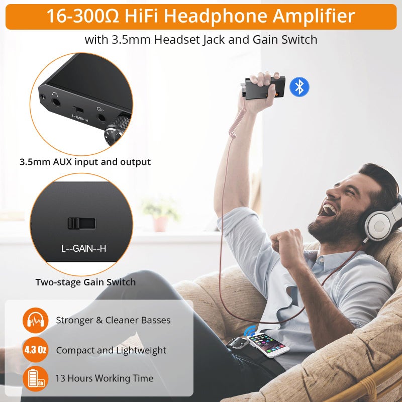 Neoteck مضخم سماعات رأس محمول Neoteck 3.5mm مع جهاز استقبال بلوتوث 5.0، مفتاح زيادة من مرحلتين، مضخم سماعات HiFi 16-300 أوم، سطح ألومنيوم غير لامع - Image 2